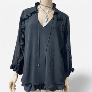 Carmen by Marc Valvo Black flowy top blouse with ruffle trim size 1X